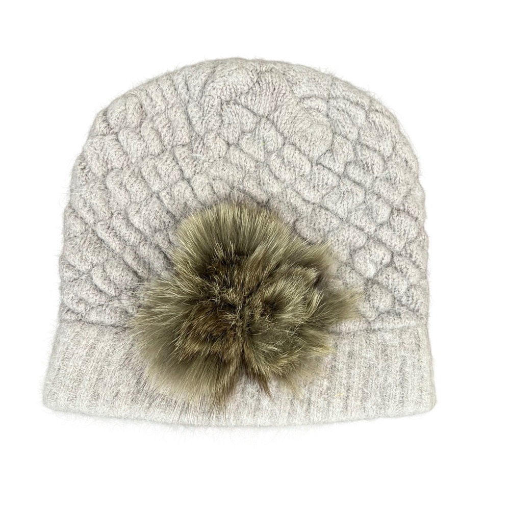 Rabbit Hair Blend Honeycomb Cable Knit Beanie with Fur Pom-Pom Taupe Grey